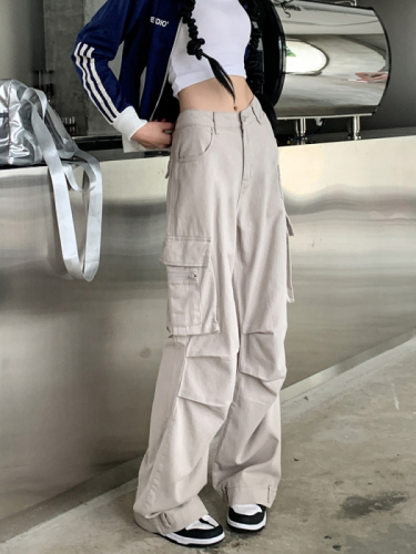 Real shooting real price Hot girl American retro autumn and winter loose wide-leg tooling multi-pocket casual street high-waisted pants