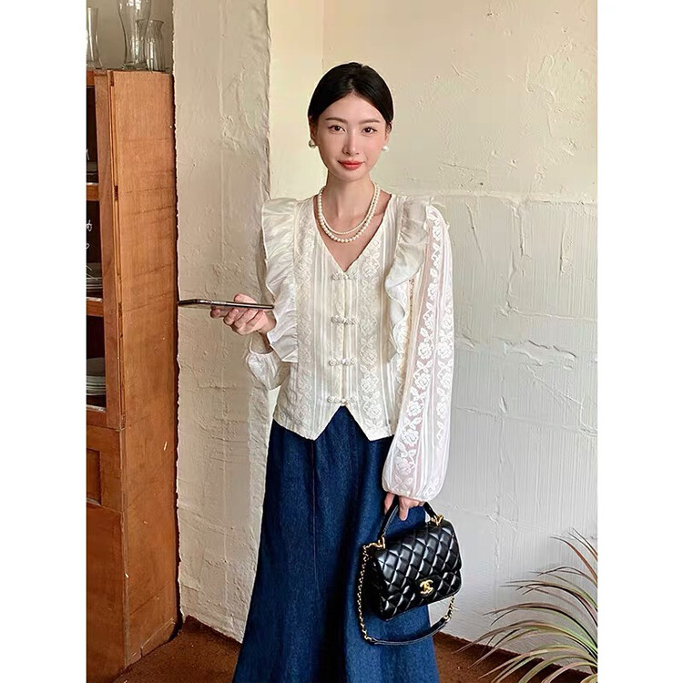 New in early autumn! [Miss Xixi] Fresh lace embroidery new Chinese style button-down shirt 652-2# L