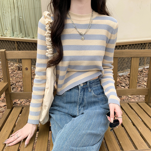 Real shot striped knitted bottoming shirt long-sleeved T-shirt women's thin spring early autumn and winter tops short high collar