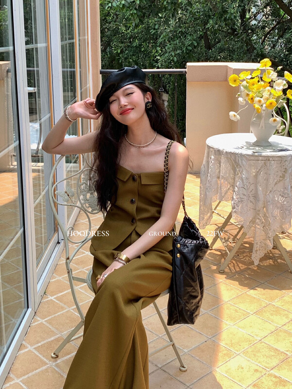 New in early autumn! [Fire HOODRESS] niche custom button tube top lapel shirt + thin wide-leg straight-leg pants suit 22306# JHY