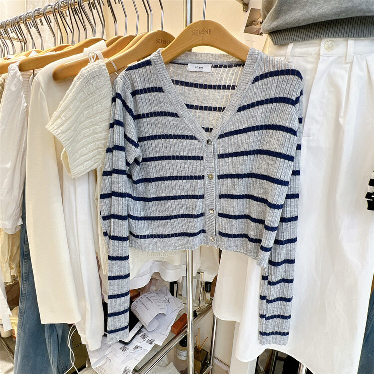 New in autumn!【SELNENE】V-neck single-breasted striped knitted cardigan 3003# XYJ