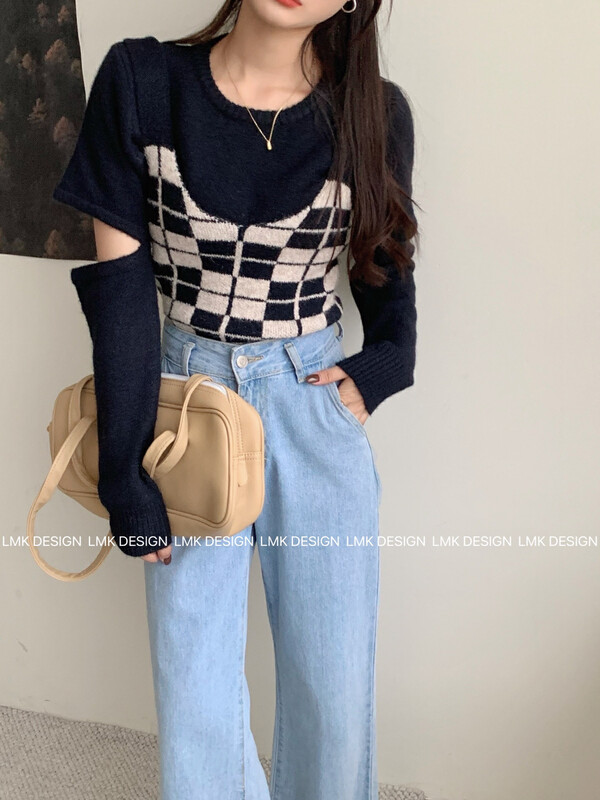 New in early winter! [LMK] Fashion Simple Shirt + Plaid Versatile Vest Suit 87193# HJY