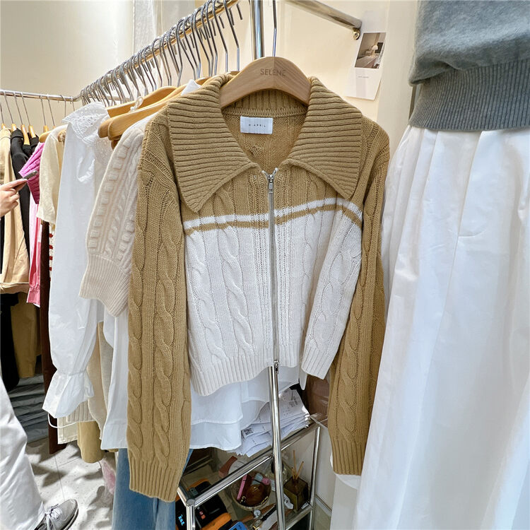 New in autumn!【SELNE】Colorblock lapel zipper warm sweater 2283701# XYJ