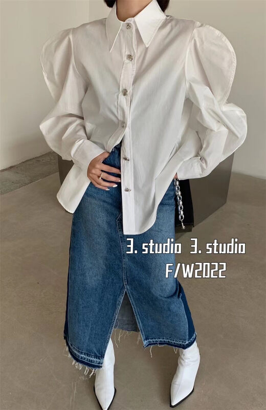 New in autumn! [3.STUDIO] Korean style puff sleeves buttoned long-sleeved shirt 22001# PCZ
