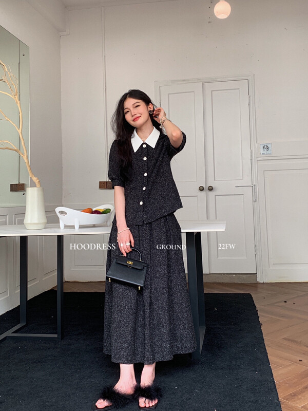 New in early autumn!【HOUSE OF FIRE】Korean style contrast color single-breasted shirt + umbrella hem pleated slim skirt suit 22405# JHY