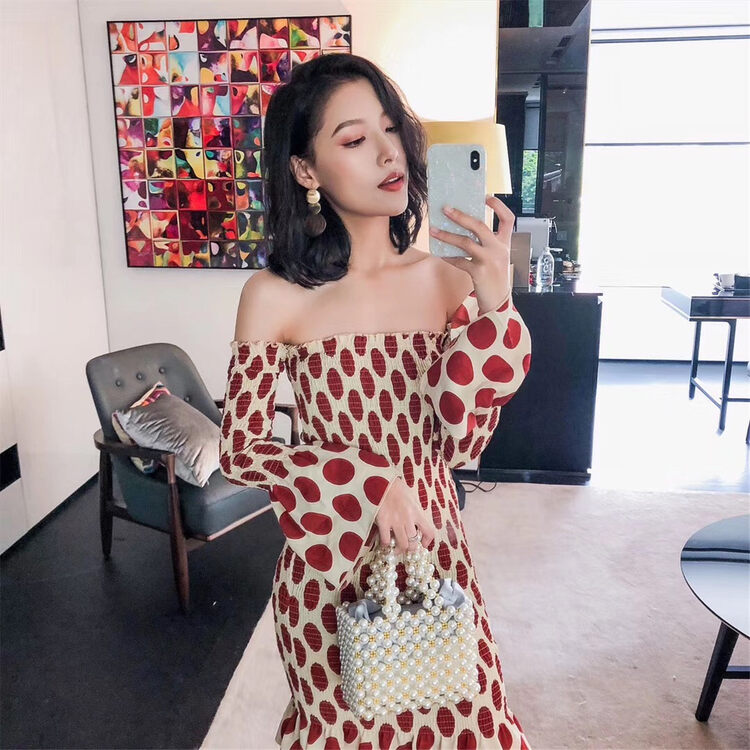 【LMK】Temperament Polka Dot Elastic One Shoulder Dress 323# HJY