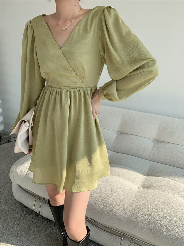 【LMK】V Neck High Waist Dress 710# HJY