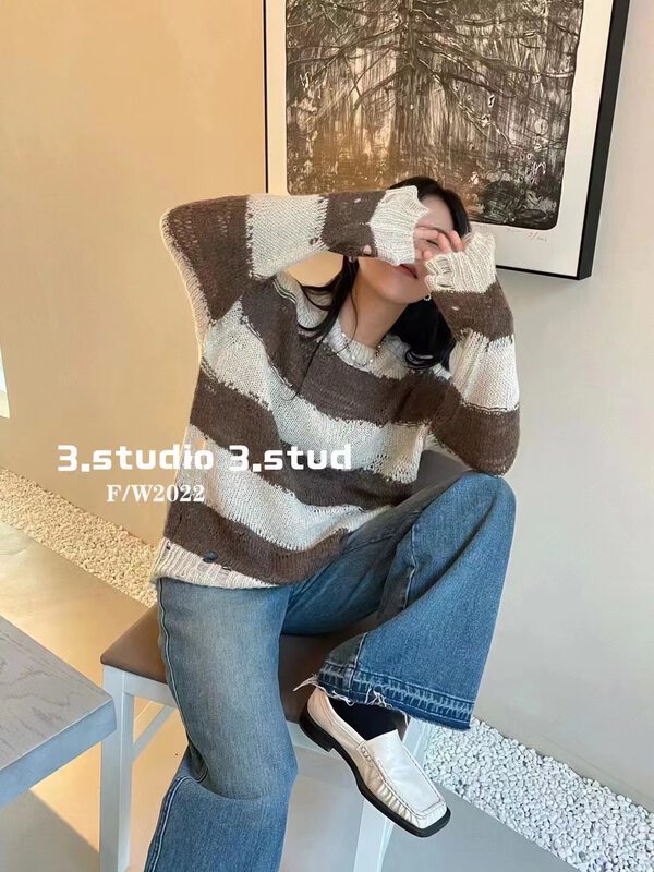 New in autumn! [3.STUDIO] Lazy style all-match casual striped warm sweater 5276# PCZ