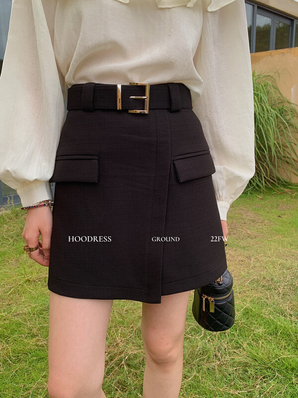 [Fire HOODRESS] Korean irregular square button A swing all-match skirt (with belt) 22385# JHY