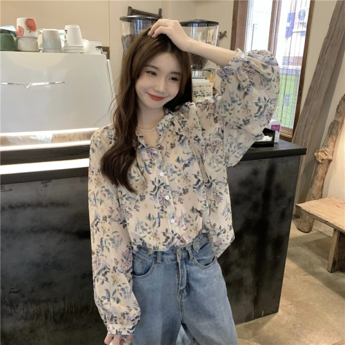 Real price early autumn chic floral shirt top female Korean version floral shirt long-sleeved sunscreen chiffon shirt