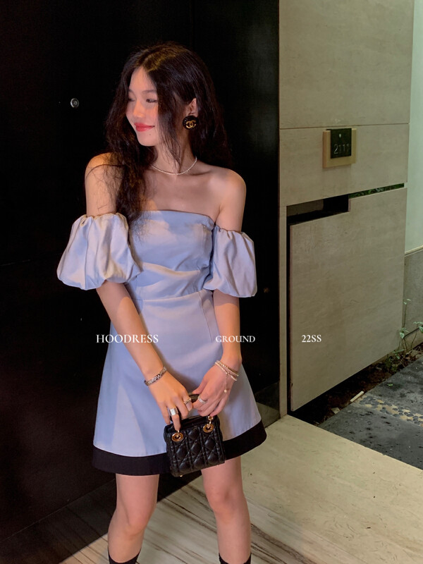 [Fire HOODRESS] Sweet and Spicy Tube Top Puff Sleeve Colorblock Dress (with Straps) 22228# JHY