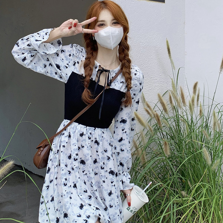 French style contrast color stitching dress women's 2022 new autumn and winter Korean style air tie hollow floral A-line skirt