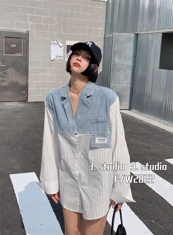 New in autumn! [3.STUDIO] Korean style personalized stitching denim shirt 22007# PCZ