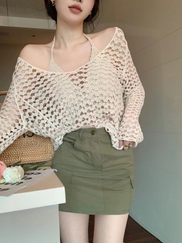 New in early autumn! [Only Love] Hollow Thin Section Perspective Fishnet Sweater + Pullover Loose Lazy Vest Suit C836# ZXL