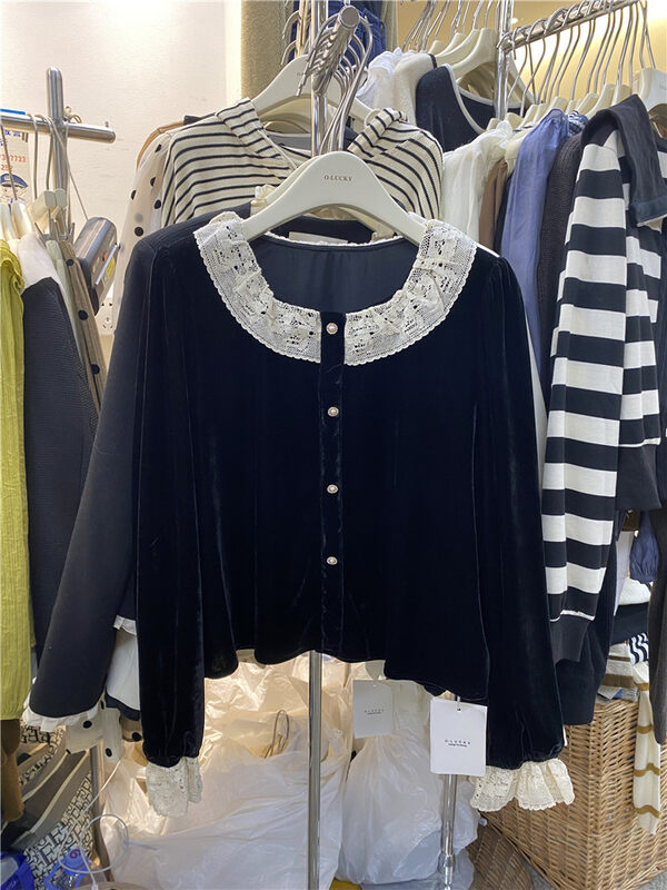 New in autumn!【O.LUCKY】Retro velvet contrast color doll collar shirt 2126# HBX