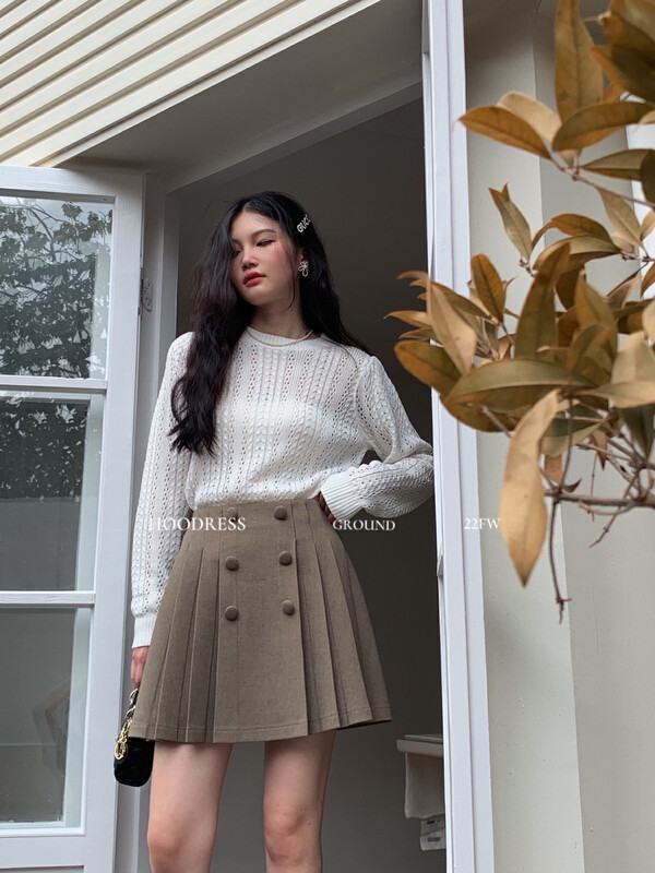 New in early autumn! [Fire HOODRESS] Simple textured double breasted high waist pleated skirt 22363# JHY
