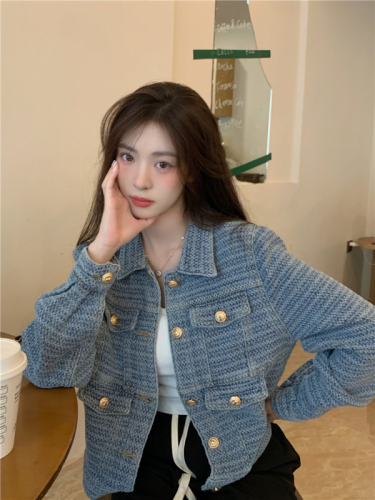Real Price Autumn Korean Jacquard Denim Lapel Single Breasted Short Denim Thin Jacket