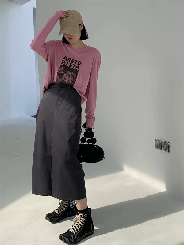 New in early autumn!【BLACK+WHITE】Fashion solid color mid-length slit skirt 2W06018M# HYY
