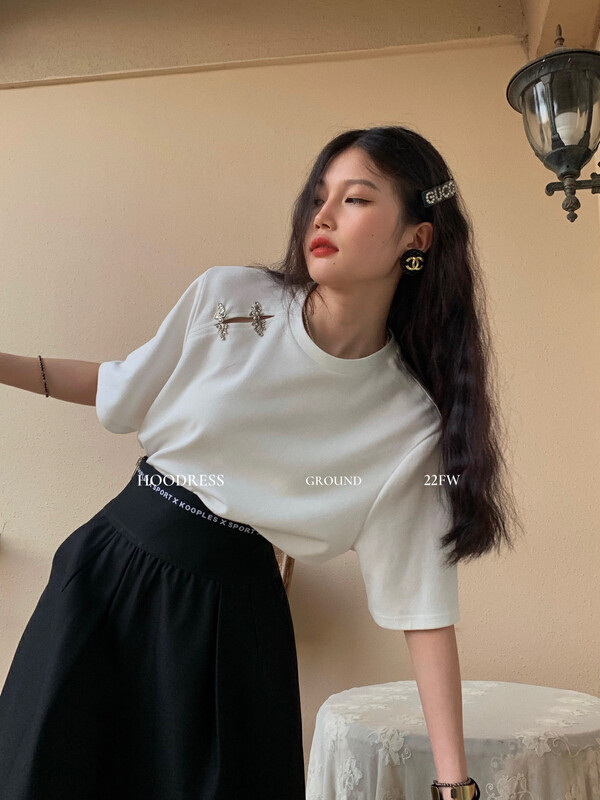 [Fire HOODRESS] Design Chic Metal Buckle Casual Short Sleeve T-Shirt 22393# JHY