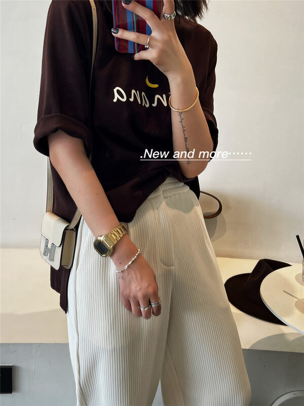 New in autumn! [BLACK+WHITE] letter print loose short-sleeved T-shirt 02271# XYJ