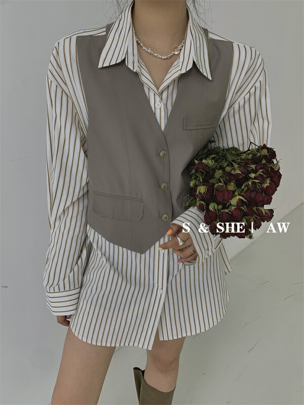 New in early autumn!  【S&SHE】Fake two-piece striped contrasting loose casual shirt MODESA4288A# HYY