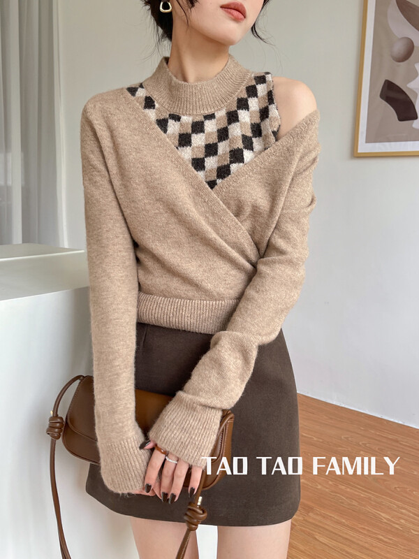 [LMK] Plaid all-match vest + solid color V-neck sweater two-piece suit 87192# HJY