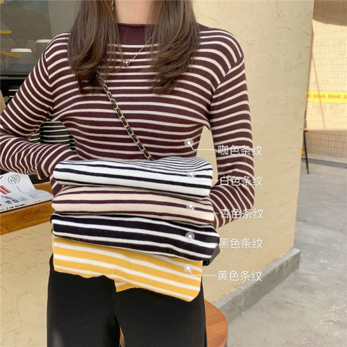 Real Price Autumn and Winter New Half Turtleneck Long Sleeve Classic Striped Bottoming Pullover Knit Sweater Top Women