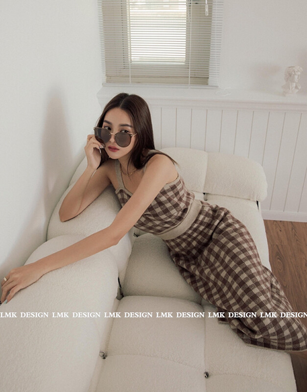 【LMK】Korean version of retro plaid knitted cardigan + camisole suit (including wool 25%) 87168# HJY