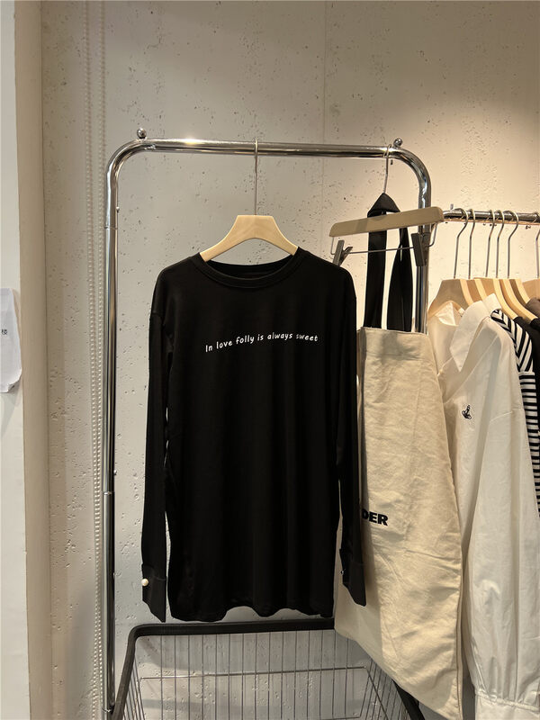 New in early autumn!  【BLACK+WHITE】Casual Simple Letter Print Loose Pullover Long Sleeve T-Shirt 2W02113T# HYY