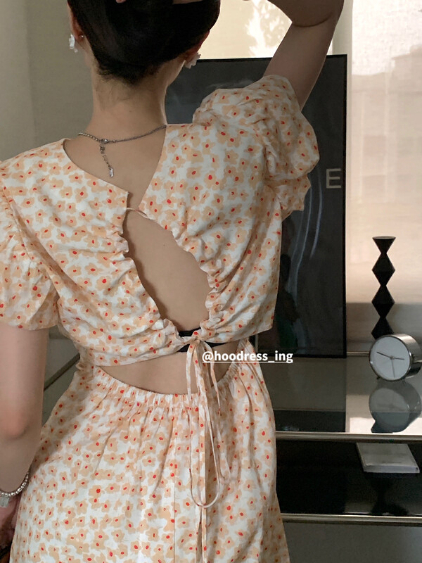 [Fire HOODRESS] Design Open Back Drawstring Floral Dress 22197