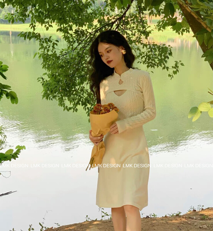 【LMK】Palace style fake two-piece knitted skirt dress 82022# HJY