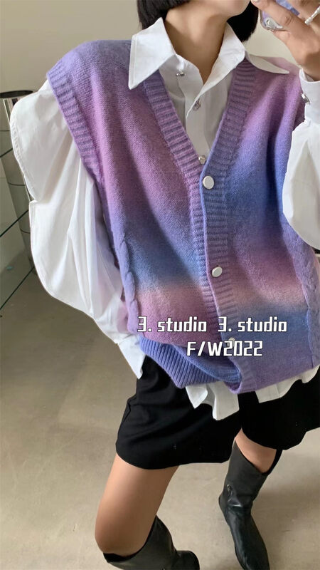 New in autumn! [3.STUDIO] striped sleeveless breasted vest 5245# PCZ