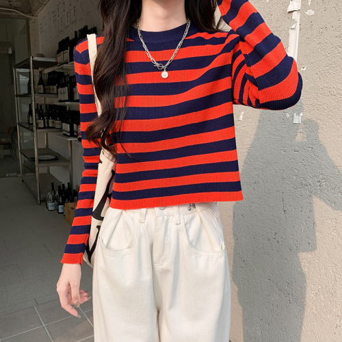 Real shot striped knitted bottoming shirt long-sleeved T-shirt women's thin spring early autumn and winter tops short high collar