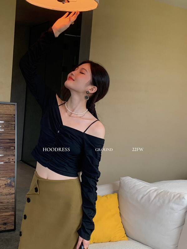 New in early autumn! [Fire HOODRESS] niche pleated single-breasted off-shoulder shirt 22801# JHY