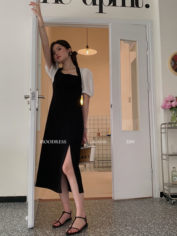 [Fire HOODRESS] Korean version of elegant temperament and color contrast puff sleeves slit square neck dress 22171# JHY