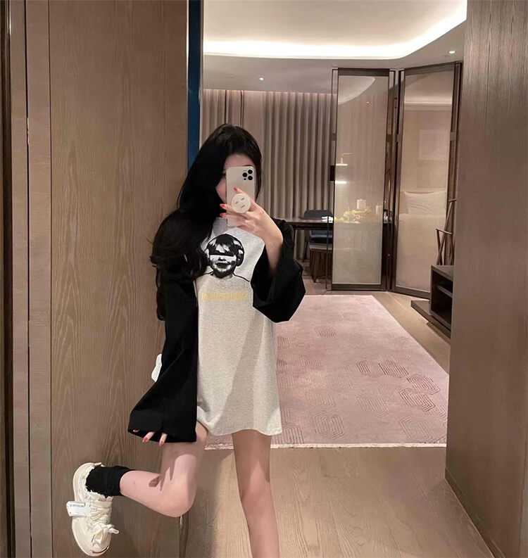 New in autumn! [Big C STUDIO] casual loose color matching long-sleeved T-shirt 1280# PCZ