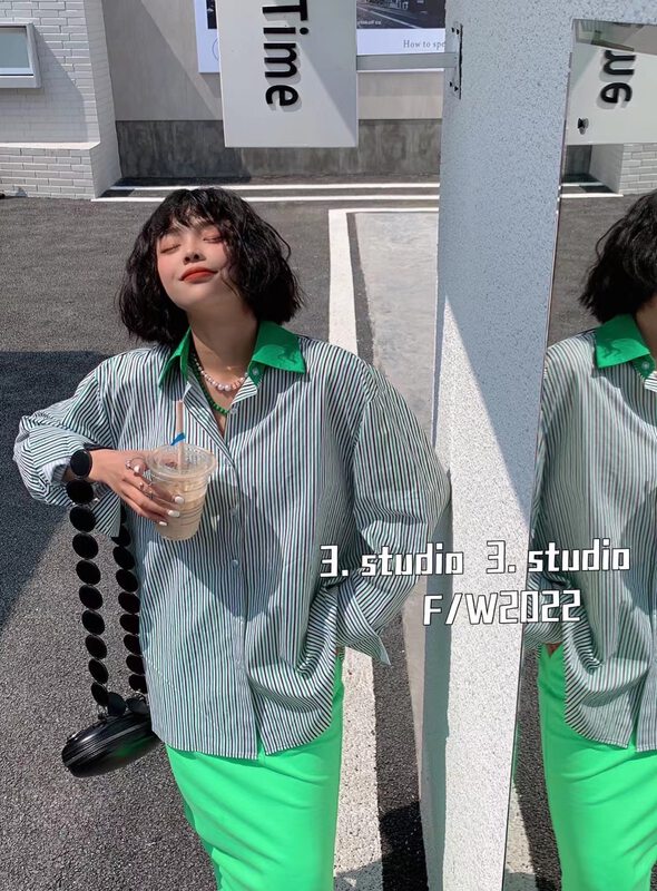 New in autumn! [3.STUDIO] color-block collar stripe design commuter shirt 22061# PCZ
