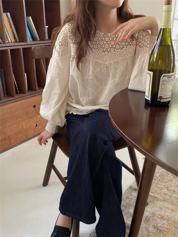 New in early autumn! [O.LUCKY] Korean temperament embroidered round neck shirt 2041# HBX