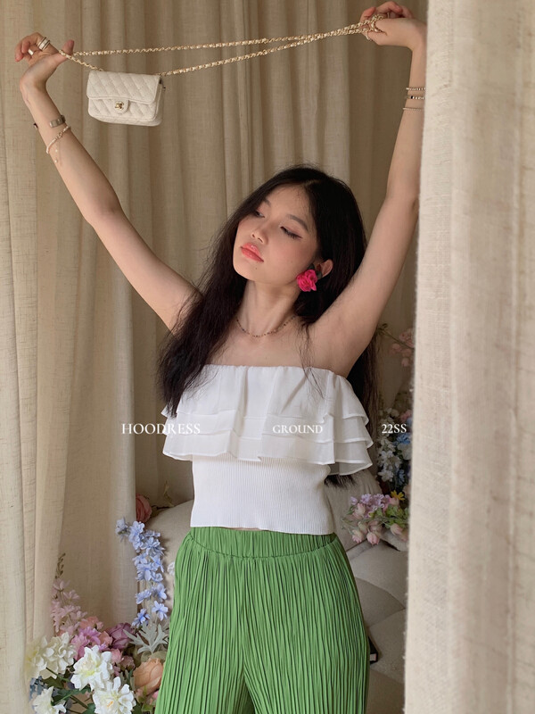 【Fire HOODRESS】Stretch ice silk stitching yarn ruffled tube top shirt 22272# JHY
