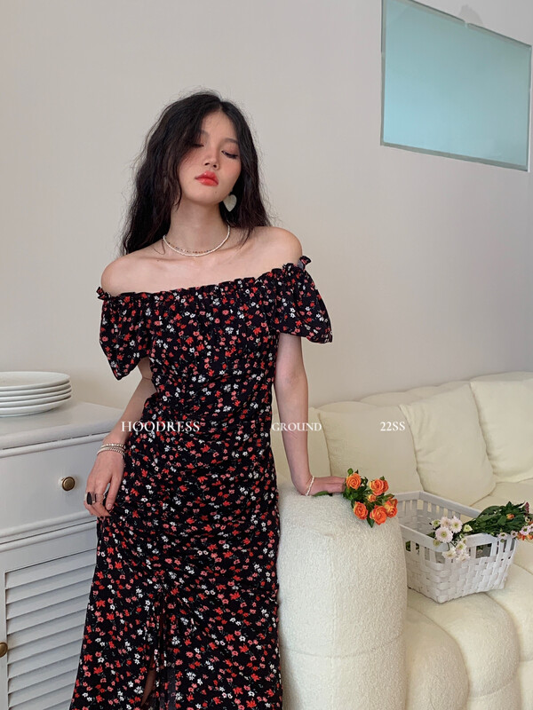 [Fire HOODRESS] Korean version of the floral two-way side drawstring slit dress 22341# JHY