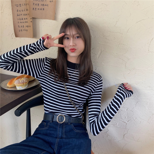 Real Price Autumn and Winter New Half Turtleneck Long Sleeve Classic Striped Bottoming Pullover Knit Sweater Top Women