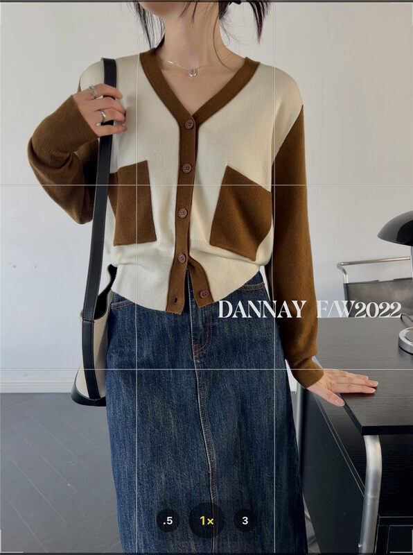 New in early autumn!【DANNAY】Colorblock Pocket Loose Knit Cardigan 1603# WPL