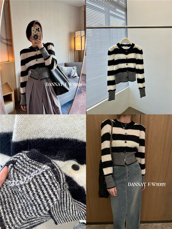 New in autumn! [DANNAY] Striped long-sleeved button-down knitted cardigan (including 20% ​​mohair) 1122# WPL