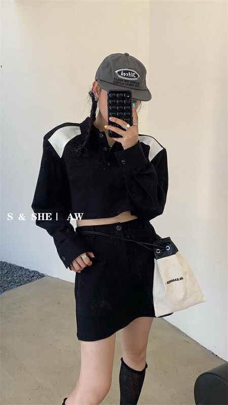 New in early autumn!  【S&SHE】Casual simple color matching POLO shirt + high waist slim skirt suit MODETC4338A# HYY
