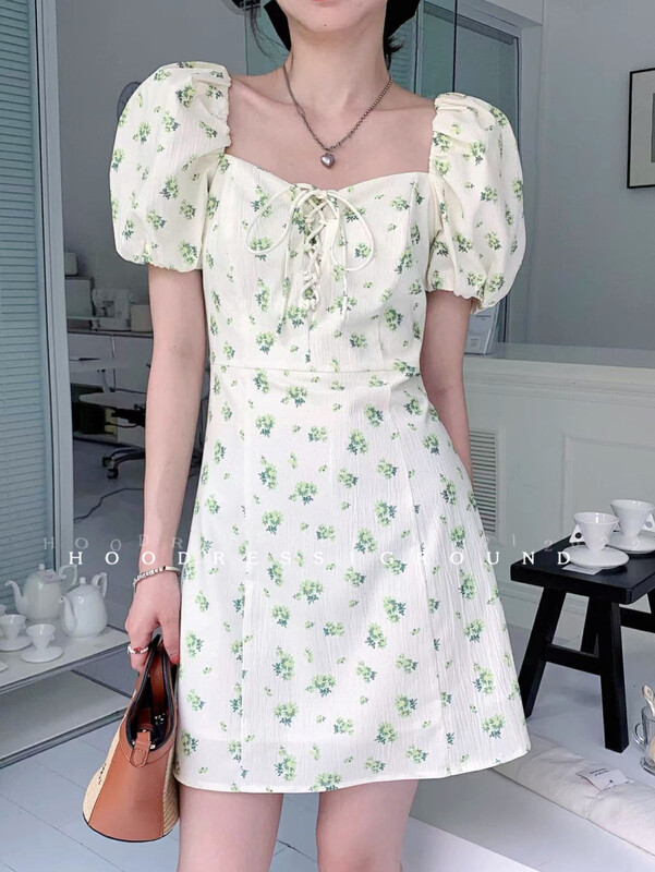 [Fire HOODRESS] Korean version of the textured floral temperament tied rope dress 22143# JHY