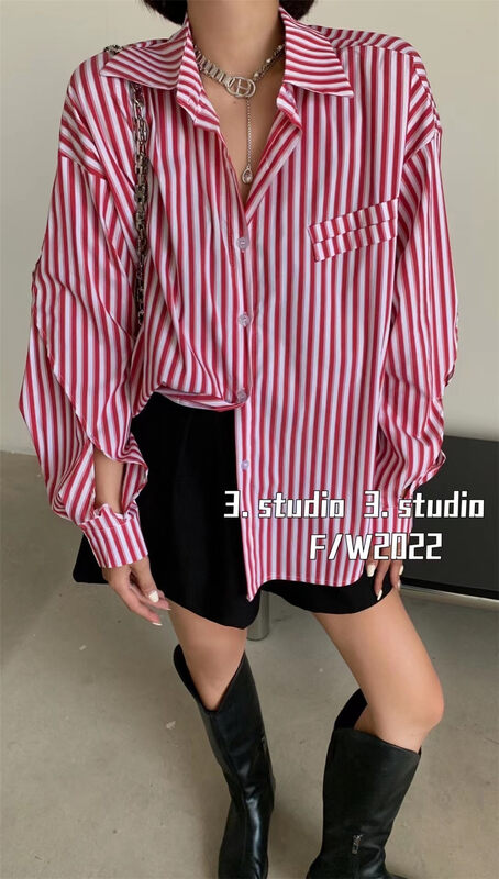 New in autumn! [3.STUDIO] commuter style all-match loose striped shirt 22206# PCZ