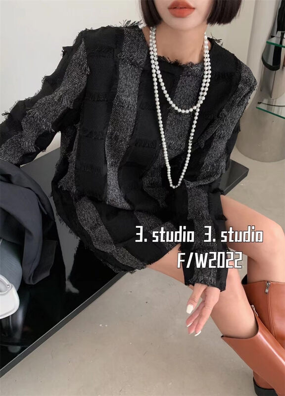 New in autumn! [3.STUDIO] plaid loose and thin round neck dress 22226# PCZ