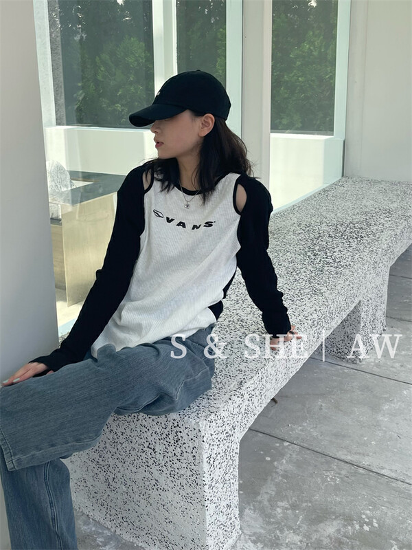 New in early autumn!  【S&SHE】Casual Simple Loose Off Shoulder Colorblock Letters Long Sleeve T-Shirt MODESA4278A# HYY