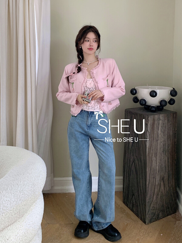 [SHE U] Design all-match small flower wide-leg jeans 51030