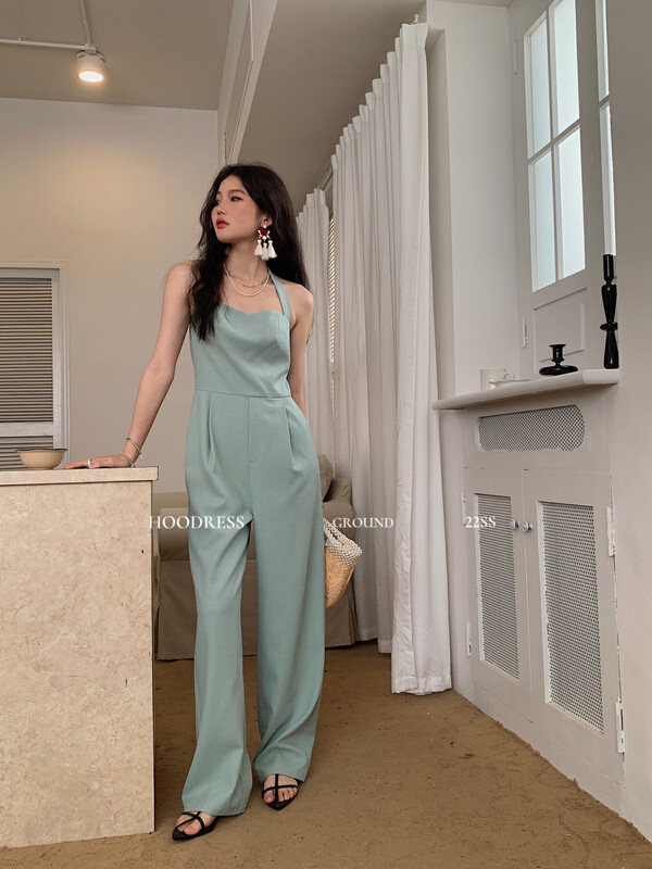 【Fire HOODRESS】ins wind halter neck straps open back solid color jumpsuit 22254# JHY